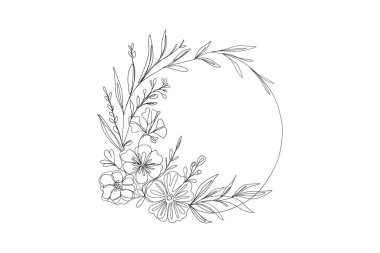 Bir çizgi çiçek dalının çember şeklini çiziyor. Minimalist çiçek çelengi. Vektör illüstrasyonu beyaz arkaplanda izole edildi