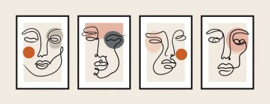 Modern bir çizgi poster seti. Çağdaş basılabilir sanat, duvar dekoru için minimalist soyut yüz siluetleri. Vektör illüstrasyonu.