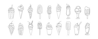 Dondurma sürekli bir çizgi çiziyor. Waffle kaselerinde tatlı soğuk tatlı ve lezzetli yaz atıştırmalıkları. Vektör izole edildi.