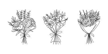 Bir sıra çiçek buketi çiziyor. Farklı çiçeklerle el çizimi romantik düzenlemeler, botanik taslak koleksiyonu. Vektör izole edildi.