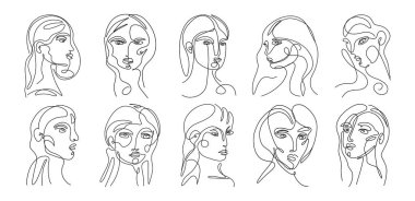 Kadın ve erkeğin soyut portreleri. Moda modası geçmiş insan yüzü çizimleri, sürekli çizilmiş sanat eserleri güzellik konsepti. Vektör izole edildi.