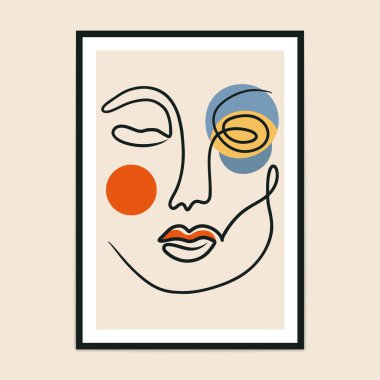 Soyut poster el çizimi çağdaş portre. Minimum kübizm yüz eskizi, modern moda kadını minimalizm sanatıyla yüzleşir. Vektör izole illüstrasyonu.