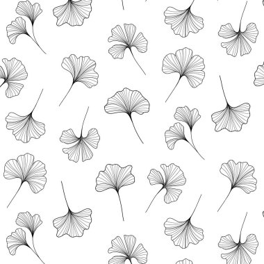 Botanik ginkgo biloba desenli siyah beyaz. Ginga yaprağının kusursuz izi. Retro monokrom duvar kağıdı vektör dokusu.