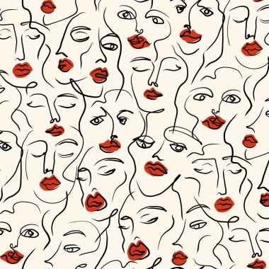 Modern soyut kübizm stilinde kusursuz desenli mürekkep fırçası çizgisi sanatı ile karşı karşıya. Geometrik şekilli bir kadın portresi, modaya uygun bir konsept. Vektör illüstrasyonu.