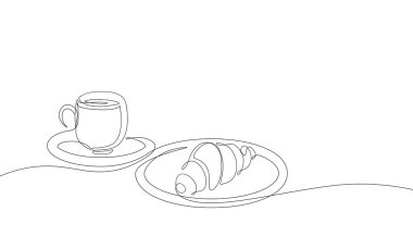 Kruvasan ve kahve tek sıra şeklinde çizilmiş. Fransız pastası ve bir fincan kapuçino taslağı, minimalist kahvaltı konsepti. Vektör seti.