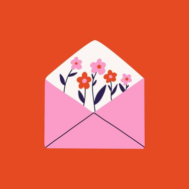 Zarfın içinde bir buket bahar çiçeği var. Kartpostal tasarımı için çiçek açan çiçekli karikatür kompozisyonu, çiçek buketli tebrik kartı. Vektör illüstrasyonu.