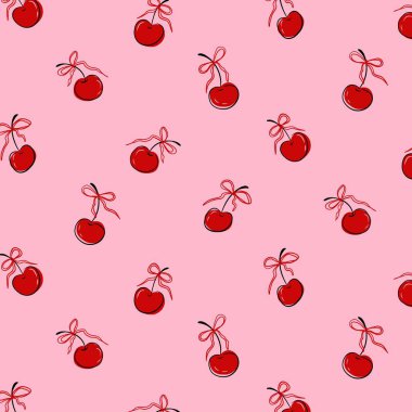 Kırmızı vişne kurdelesi, dikişsiz desen. Kiraz ve fiyonklu moda baskılar, paket kağıdı, tekstil, duvar kağıdı için sevgililer günü arkaplanı. Vektör dokusu.