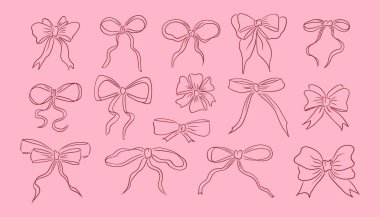 Coquette yay koleksiyonu, el yapımı kurdele çizimleri. Bayram kutlaması ve doğum günü partisi için papatya düğümlü dekoratif kadınsı hediye unsurları. Vektör seti.