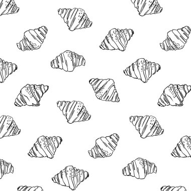 El çizimi siyah-beyaz kruvasan desenli. Fransız pastanesinin eskiz geçmişi ambalaj kağıdı, menü, kafe tasarımı için lezzetli hamur işleri. Vektör dokusu.