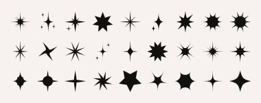 Yıldız simgesi koleksiyonu. Soyut yıldız kümesi, geometrik kıvılcımlar ve parıltılı siluet sembolleri, minimalist retro yıldız ışığı farklı şekiller gösterir. Vektör izole edildi.
