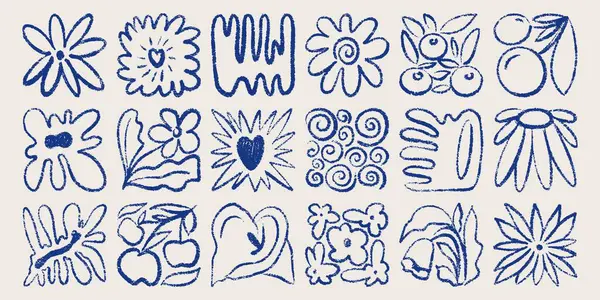 Çağdaş organik bitki koleksiyonu. Soyut çiçek formları, geometrik botanik leke fırça darbeleri, saf yapraklar. Vektör izole edildi.