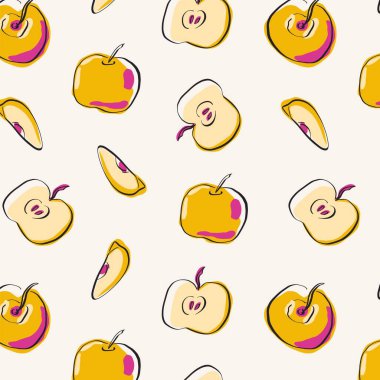 Elma meyvesi dikişsiz desen, soyut tekrarlanan arka plan. Çizgi film sarı karalama organik meyveler, ambalaj kağıdı, kumaş, duvar kağıdı için yaratıcı baskı. Vektör dokusu.