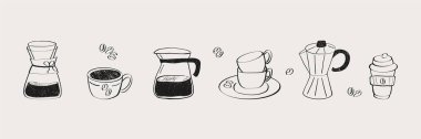 El çizimi kahve karalaması seti. Kahve demleme malzemelerinin soyut taslak koleksiyonu. Minimalist doğrusal kafe kahvaltı içecekleri, kahve taslağı ikonları. Vektör illüstrasyonu.