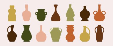 Çağdaş seramik vazolar. Soyut şekilli sanatsal kil çömlek, ev dekorasyonu için modern vazolar. Vektör düz kümesi.