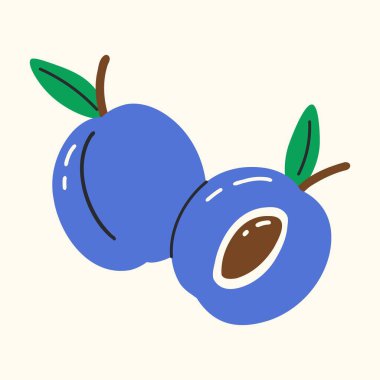 Erik meyvesi. Karikatür mavisi organik bahçe meyveleri, yapraklı şirin erik ve ambalaj, poster, kumaş, duvar kağıdı tasarımı için dal. Vektör meyve illüstrasyonu.