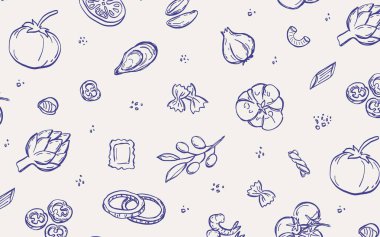 Elle çizilmiş italyan yemekleri pürüzsüz. Tuhaf Akdeniz yemekleri arka planı, menü baskı kumaşı için makarna malzemeli basit bir taslak. Vektör karalama çizimi.