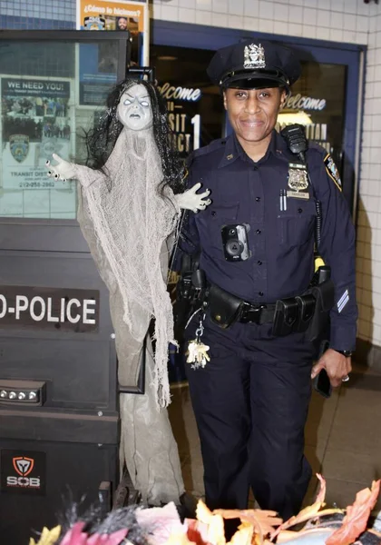 stock image Its already Halloween at a Police Post on New York City Subway Station. October 28, 2022, New York, USA:  Its already Halloween at a Police Post on New York City Subway Station all decorations made by officer Penalo. 