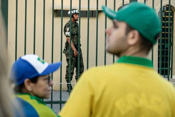 stock image Protesters supporting President Jair Bolsonaro call for military intervention in Brazil during protest. November 17, 2022, Sao Paulo, Brazil: Protesters supporting Brazilian President Jair Bolsonaro, who are against the result of the election 