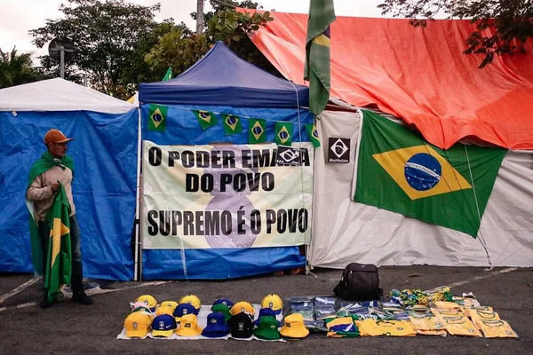 Διαδηλωτές Που Υποστηρίζουν Τον Πρόεδρο Jair Bolsonaro Καλούν Για Στρατιωτική — Φωτογραφία Αρχείου