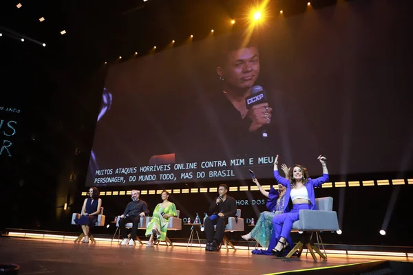 stock image Stars of Amazon Prime Video series participate in panel at CCXP 22 in Sao Paulo. December 3, 2022, Sao Paulo, Brazil: Ismael Cruz Cordova, Cynthia Addai-Robinson, Sara Zwangobani and Trystan Gravelle