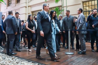 Sao Paulo Valisi için diploma oturumu. 19 Aralık 2022, Sao Paulo, Brezilya: Sao Paulo Valisi seçilmiş Tarcisio Freitas (Cumhuriyetçi) ve ailesinin Sala Sao Paulo 'ya resmi diploma almak için gelmesi,