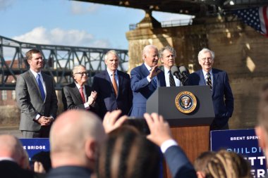 President of the United States Joe Biden Visits Kentucky to Promote Bipartisan Infrastructure Law. January 4, 2023, Covington, Kentucky, USA: U.S. President Joe Biden was joined by U.S. Senate Minority Leader Mitch McConnell at an event  clipart