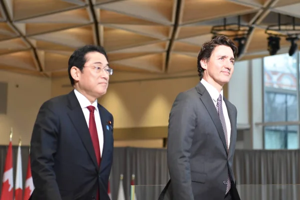 Joint Press Conference Prime Ministers Japan Canada Fumio Kishida Justin — Stok fotoğraf