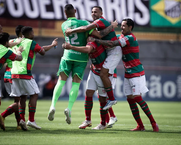 Paulista Soccer Championship: Portuguesa Vs Bragantino. January 21, 2023, Sao Paulo, Brazil: Portuguesa players celebrate their victory during a soccer match against RB Bragantino, valid for the 3rd round 