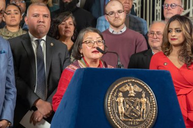 (NEW) Mayor Adams Calls for Federal Support to Help Serve Asylum Seekers. January 22, 2023, New York, USA: Asian American Federation Jo-Ann Yoo speaks at a press conference for more help from the federal government to handle asylum seekers at City Ha