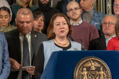 (NEW) Mayor Adams Calls for Federal Support to Help Serve Asylum Seekers. January 22, 2023, New York, USA: Consul General of Peru in New York Marita Landaveri speaks at a press conference for more help from the federal government to handle asylum see