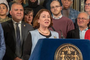 (NEW) Mayor Adams Calls for Federal Support to Help Serve Asylum Seekers. January 22, 2023, New York, USA: Consul General of Peru in New York Marita Landaveri speaks at a press conference for more help from the federal government to handle asylum see