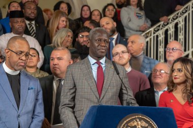 (NEW) Mayor Adams Calls for Federal Support to Help Serve Asylum Seekers. January 22, 2023, New York, USA: Consul General of Senegal in New York Elhadji Ndao speaks at a press conference for more help from the federal government to handle asylum seek