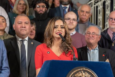(NEW) Mayor Adams Calls for Federal Support to Help Serve Asylum Seekers. January 22, 2023, New York, USA: New York State Assemblymember Jenifer Rajkumar speaks at a press conference for more help from the federal government to handle asylum seekers 