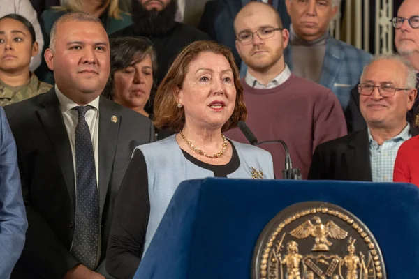 (NEW) Mayor Adams Calls for Federal Support to Help Serve Asylum Seekers. January 22, 2023, New York, USA: Consul General of Peru in New York Marita Landaveri speaks at a press conference for more help from the federal government to handle asylum see