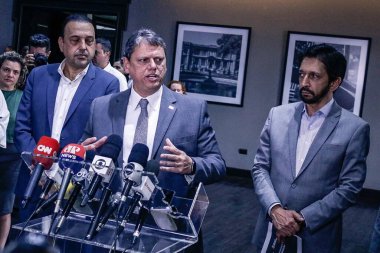 Tarcisio, Governor of Sao Paulo meets Governments official. January 24, 2023, Sao Paulo, Brazil: The Governor of Sao Paulo Tarcisio De Freitas and the Lieutenant Governor Felicio Ramuth meet with the Mayor of Sao Paulo, Ricardo Nunes