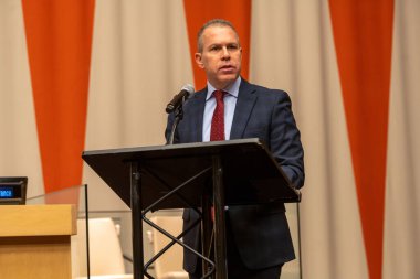 International Mock Trial on Human Rights. January 31, 2023, New York, New York, USA: Mr. Gilad Erdan, Permanent Representative of Israel to the United Nations, delivers opening remarks at a special event International Mock Trial on Human Rights