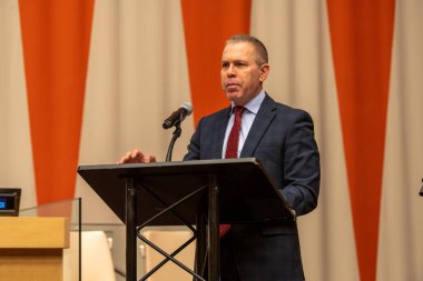 International Mock Trial on Human Rights. January 31, 2023, New York, New York, USA: Mr. Gilad Erdan, Permanent Representative of Israel to the United Nations, delivers opening remarks at a special event International Mock Trial on Human Rights