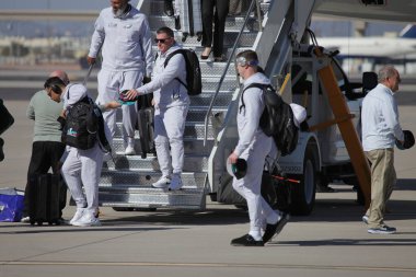 Goldwater Ulusal Muhafız Üssü-Arizona 'ya SuperbowlVII için Eagles Players' ın gelişi. 5 Şubat 2023, Phoenix, Arizona, ABD: Goldwater Ulusal Muhafız Üssü Arizona 'daki Philadelphia Eagles Oyuncuları SuperBowlVII maçı için geldiler 