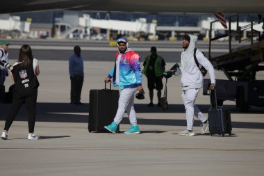 Goldwater Ulusal Muhafız Üssü-Arizona 'ya SuperbowlVII için Eagles Players' ın gelişi. 5 Şubat 2023, Phoenix, Arizona, ABD: Goldwater Ulusal Muhafız Üssü Arizona 'daki Philadelphia Eagles Oyuncuları SuperBowlVII maçı için geldiler 