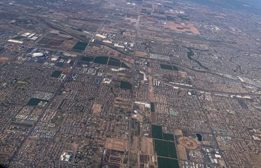 Aerial View of Phoenix-Arizona. February 06, 2023, Phoenix, Arizona, USA: Aerial view of Phoenix in Arizona from an airplane with lots of mountains and hills .
