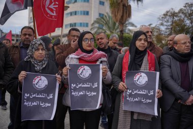 The Popular Front in Gaza organizes a stand in solidarity with Syria, February 9, 2023, Gaza, Palestine: The Popular Front organized a stand in solidarity in the middle of the Gaza Strip, due to the devastating earthquake