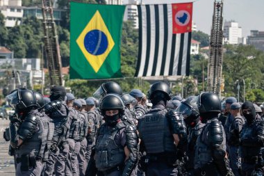 Medal Award Ceremony for Policing Sao Paulo. February 09, 2023, Sao Paulo, Brazil: The ceremony that took place at Charles Miller Square, Pacaembu, on Thursday (9), had the participations of Mayor Ricardo Nunes of Military Police troop clipart