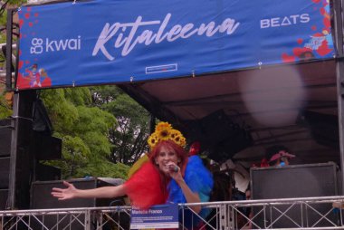 Ritaleena Block Carnival in Sao Paulo. February 11, 2023, Sao Paulo, Brazil: The Ritaleena Block which honors singer Rita Lee playing her hits in a carnival rhythm, drew thousands of revelers dressed up colorfully, singing and dancing 