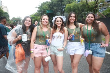Bengalafumenga Block Carnival in Sao Paulo. February 11, 2023, Sao Paulo, Brazil: Parade of the Bengalafumenga Block, with floats and revelers all spread out dancing and singing, on Avenida Faria Lima on Saturday (11) in Sao Paulo