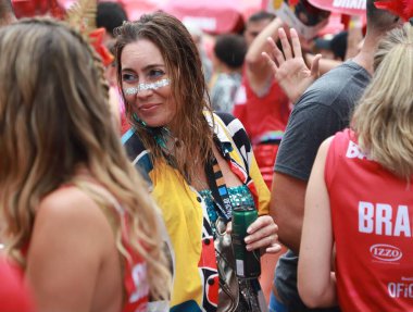 Bengalafumenga Block Carnival in Sao Paulo. February 11, 2023, Sao Paulo, Brazil: Parade of the Bengalafumenga Block, with floats and revelers all spread out dancing and singing, on Avenida Faria Lima on Saturday (11) in Sao Paulo