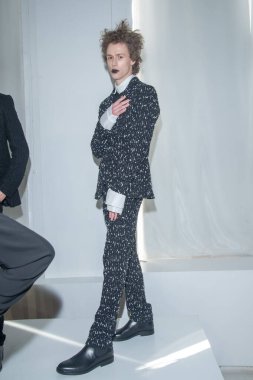 New York Men's Day - Presentation - February 2023 New York Fashion Week. February 10, 2023, New York, New York, USA: Models pose during the Atelier Cillian presentation at Daylight Studio during New York Fashion Week 2023