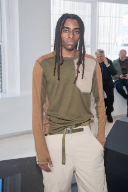 New York Men's Day - Presentation - February 2023 New York Fashion Week. February 10, 2023, New York, New York, USA: A model poses during the Cross Eyed Moose presentation at Daylight Studio during New York Fashion Week 2023