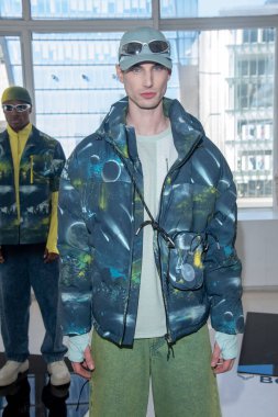 New York Men's Day - Presentation - February 2023 New York Fashion Week. February 10, 2023, New York, New York, USA: A model poses during the Cross Eyed Moose presentation at Daylight Studio during New York Fashion Week 2023