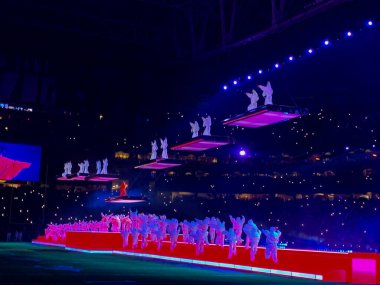 Rihanna performs live during Halftime Show of Super Bowl LVII in Arizona. February 12, 2023, Glendale, Arizona, USA: Rihanna performs live during Super BowlLVII Halftime Show as the Kansas City Chiefs play against Philadelphia Eagles