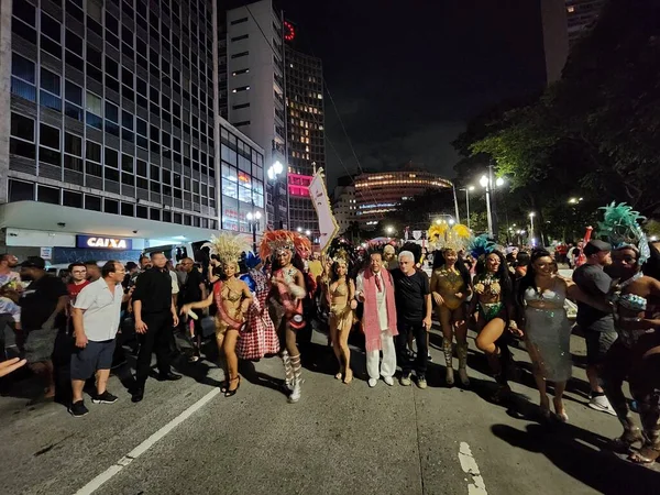 Street Carnival in Sao Paulo. February 15, 2023, Sao Paulo, Brazil: Banda do Candinho parades through the streets of Bela Vista and central region during carnival on Wednesday (15).